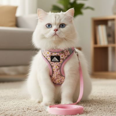 Chat blanc assis sur tapis portant un harnais chat rose