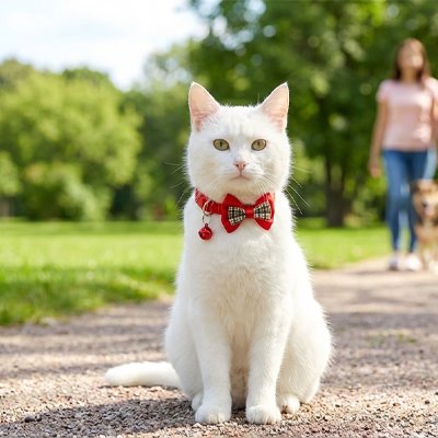 Chat blanc assise au parc sur un chemin porta collier chat rouge 