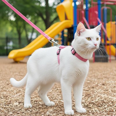 Chat blanc au parc de jeux portant son harnais chat rose.