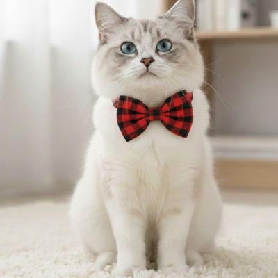 Chat blanc aux yeux bleus avec collier pour chat avec noeud papillon ecossais rouge et noir quadrille