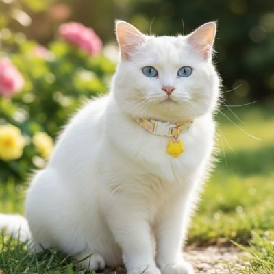 Chat blanc aux yeux bleus collier chat jaune au jardin fleuri.
