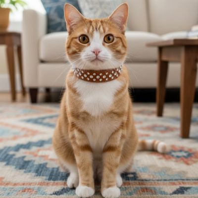 Chat blanc aux yeux bleus portant un collier pour chat marron assise au salon