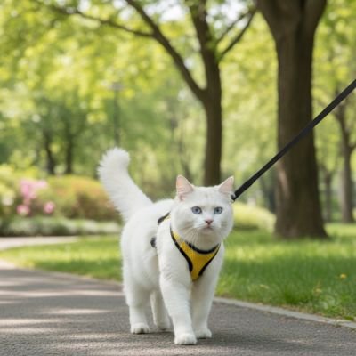 Chat blanc aux yeux bleus portant un harnais chat jaune vif.