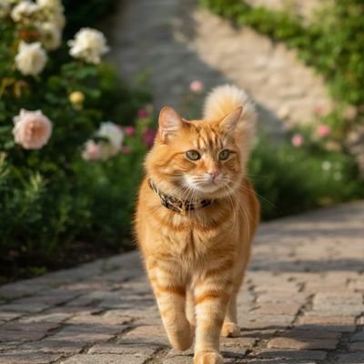 Chat blanc avec collier chat marchant sur rosiers en fond.