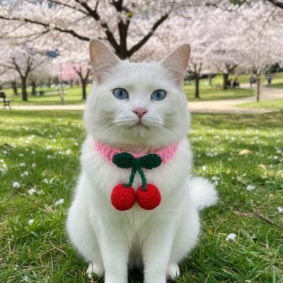 Chat blanc avec collier pour chat rose tricoté cerises sous cerisiers.