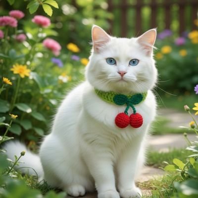 Chat blanc avec collier pour chat vert avec cerises jardin fleuri.