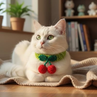 Chat blanc avec collier pour chat vert et cerises assis sur plaid.
