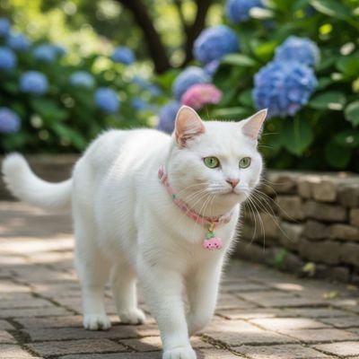 Chat blanc avec collier rose pendentif donut marchant sur chemin fleuri.
