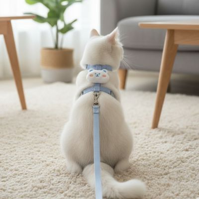 Chat blanc avec harnais bleu fleuri assis dos tapis moelleux