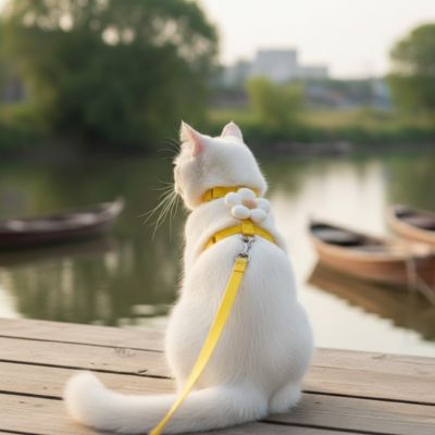 Chat blanc avec harnais chat jaune regardant des bateaux sur l eau