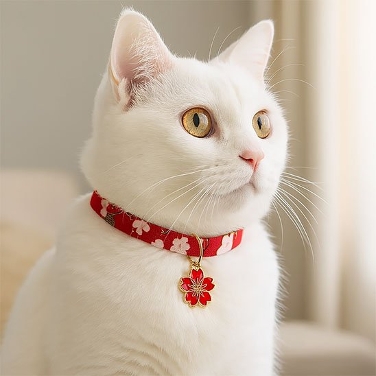 Chat blanc avec un collier pour chaton rouge fleuri et pendentif.