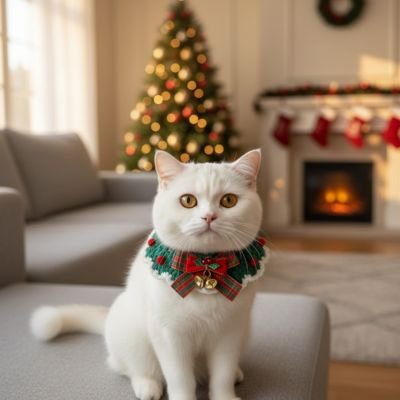 Chat blanc collier chat Noel tricote arbre illumine ambiance festive.