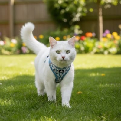 Chat blanc dans un jardin portant son harnais chat bleu fleuri.