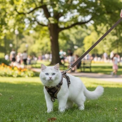 Chat-blanc dans un parc avec son harnais chat KaKi.
