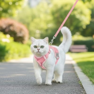 Chat-blanc-dans-un-parc-avec-son-harnais-chat-rose