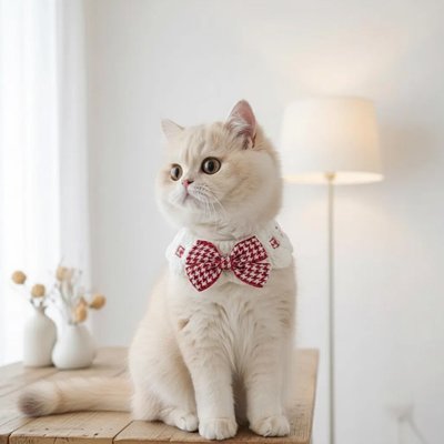 Chat blanc élégant assis sur table portant collier chat avec nœud papillon rouge.