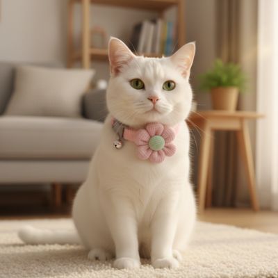 Chat blanc élégant portant collier pour chat fleuri rose dans salon cosy