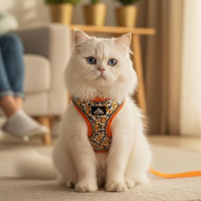 Chat blanc en harnais chat anti-fugue orange floral dans un salon