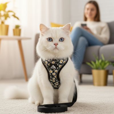 Chat blanc en harnais chat noir et laisse assis dans le salon