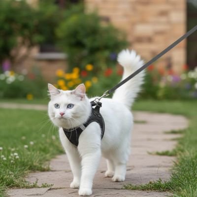 Chat blanc en promenade avec son harnais chat noir.
