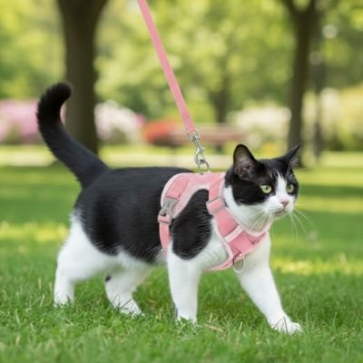 Chat blanc et noir portant un harnais chat rose