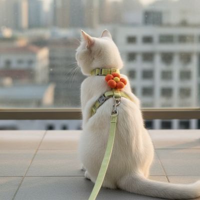 Chat blanc harnais chat fleuri vert  sur un balcon vue sur la ville