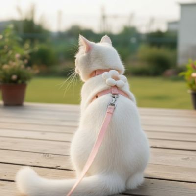 Chat blanc harnais chat rose fleuri au terrasse dos tourné au jardin