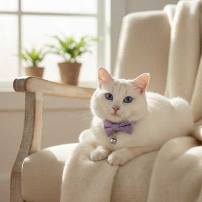 Chat blanc portant un collier chat nœud papillon lavande.