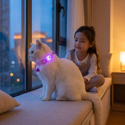 Chat blanc porte un collier chat lumineux violet la nuit.