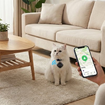 Chat blanc sur un papis avec traceur GPS-chat une main avec carte de localisation de téléphone.