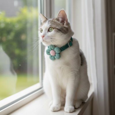 Chat blanc tacheté au collier pour chat vert fleuri à la fenêtre.