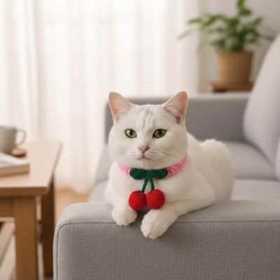 Chat blanc yeux verts assis avec collier pour chat rose cerises fait a la main.