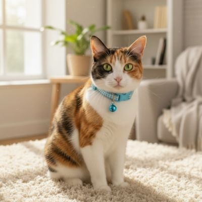 Chat calico assis au salon portant son collier bleu.