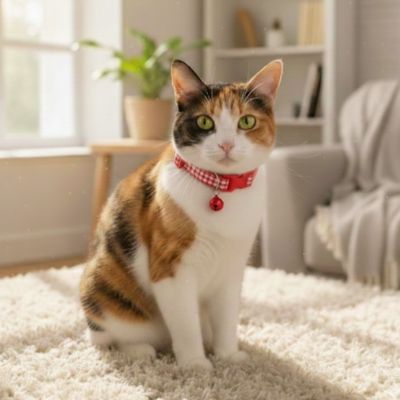 Chat calico assis au salon portant son collier chat rouge.