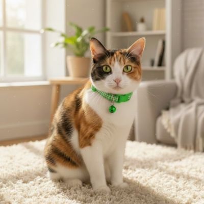 Chat calico assis au salon portant son collier chat vert.