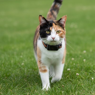 Chat calico avec collier GPS chat noir et orange marche sur herbe verte.