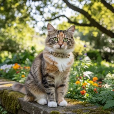 Chat calico avec collier chat assis sur muret mousseux jardin fleuri.

