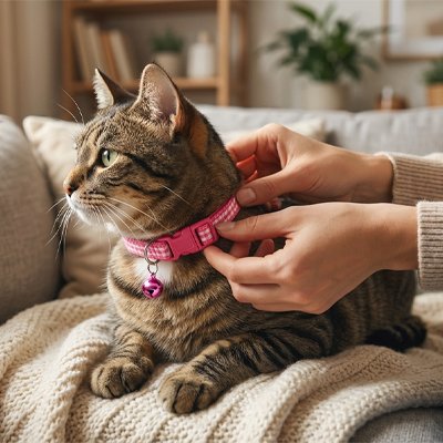 Chat calico avec collier rouge avec une dame arragent le collier du chat au cou 