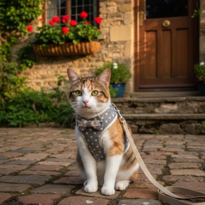 Chat calicot assis portant un harnais pour chat gris blancs.