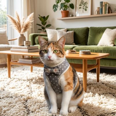 Chat calicot sur tapis moelleux portant un harnais-pour-chat gris.