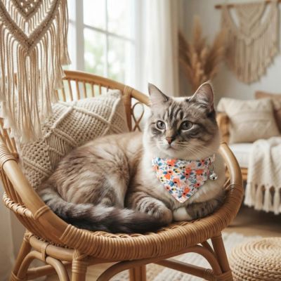 Chat clair avec collier chat bandana floral chaise rotin bohème.
