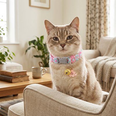 Chat clair avec un collier chat rose et bleu clochette.
