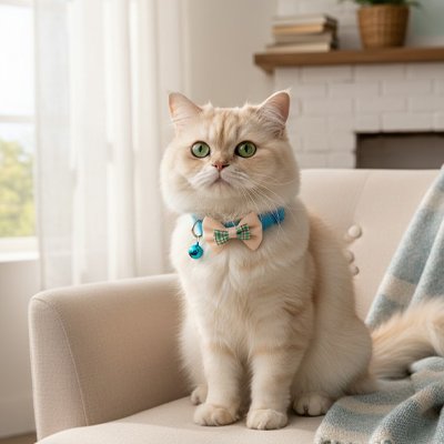 Chat crème avec collier chat bleu avec nœud papillon assis.