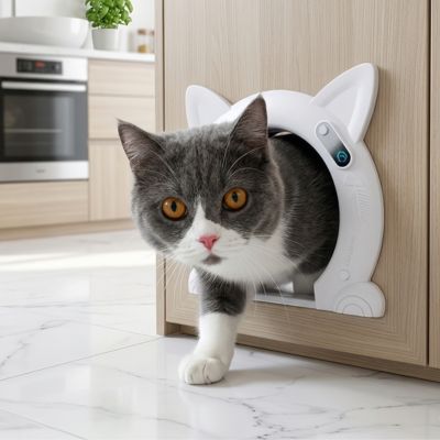 Chat domestique utilisant une chatière automatique dans une cuisine claire.