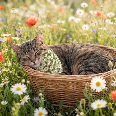 Chat dormant avec collier bandana floral dans un panier.