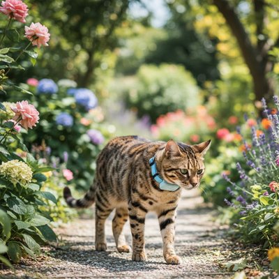Chat du Bengale avec collier GPS chat explorant un jardin fleuri ensoleillé.