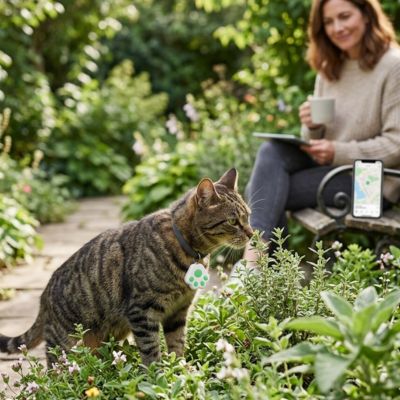 Chat explorant la nature muni d'une puce GPS chat verte.
