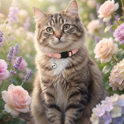 Chat fluffy collier pour chat rose clochette entouré de fleurs pastel.