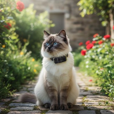 Chat gris avec avec traceur GPS chat en plein air fleurs lumineuses.
