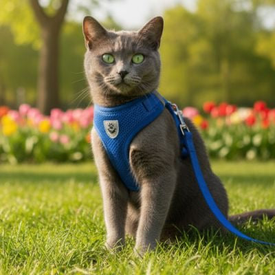 Chat gris avec harnais chat bleu assis sur herbe verte